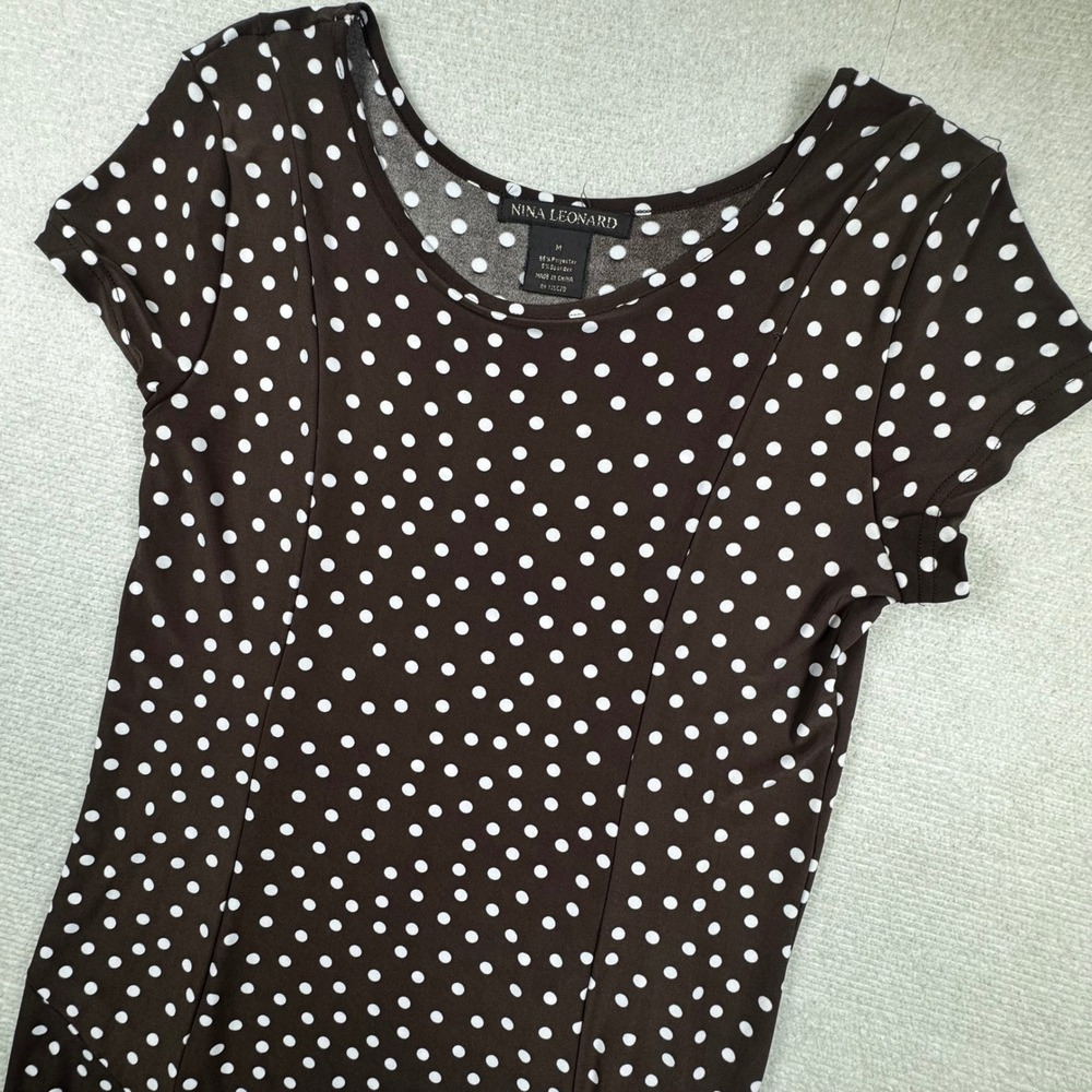 Nina Leonard Polka Dot Dress Womens Medium Brown White Short Sleeve Midi A-Line